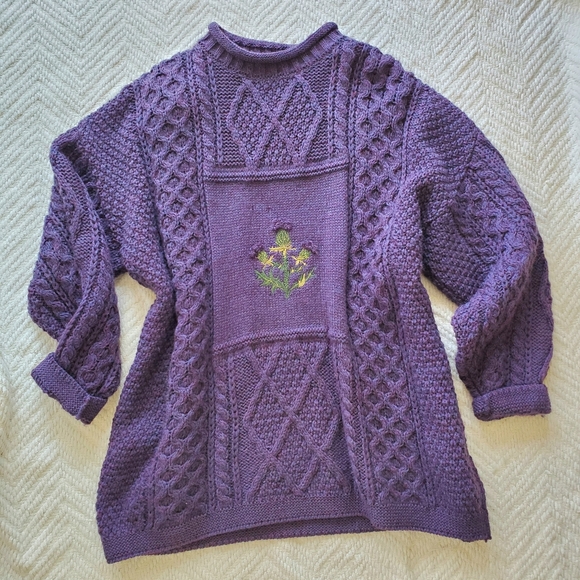 Acorn Sweaters - Vintage Acorn Chunky Aran Knit Purple Wool Thistle Fisherman Sweater